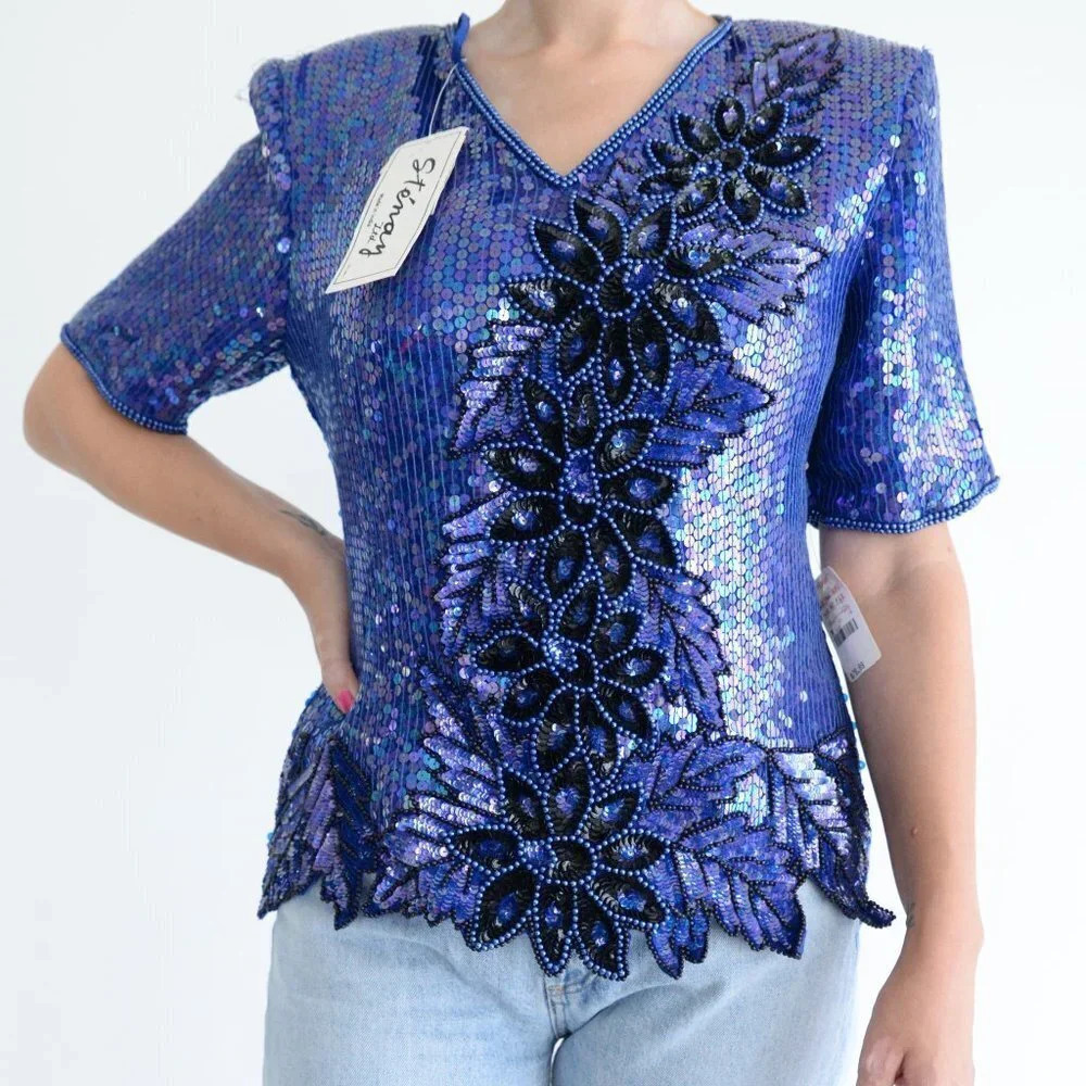 Lord & Taylor Blue Sequin Beaded Floral Top